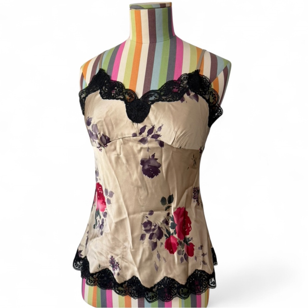 JALOUX / Zalu 100% Silk Floral Black Lace Whimsigoth Romantic Neutral Cami Tank